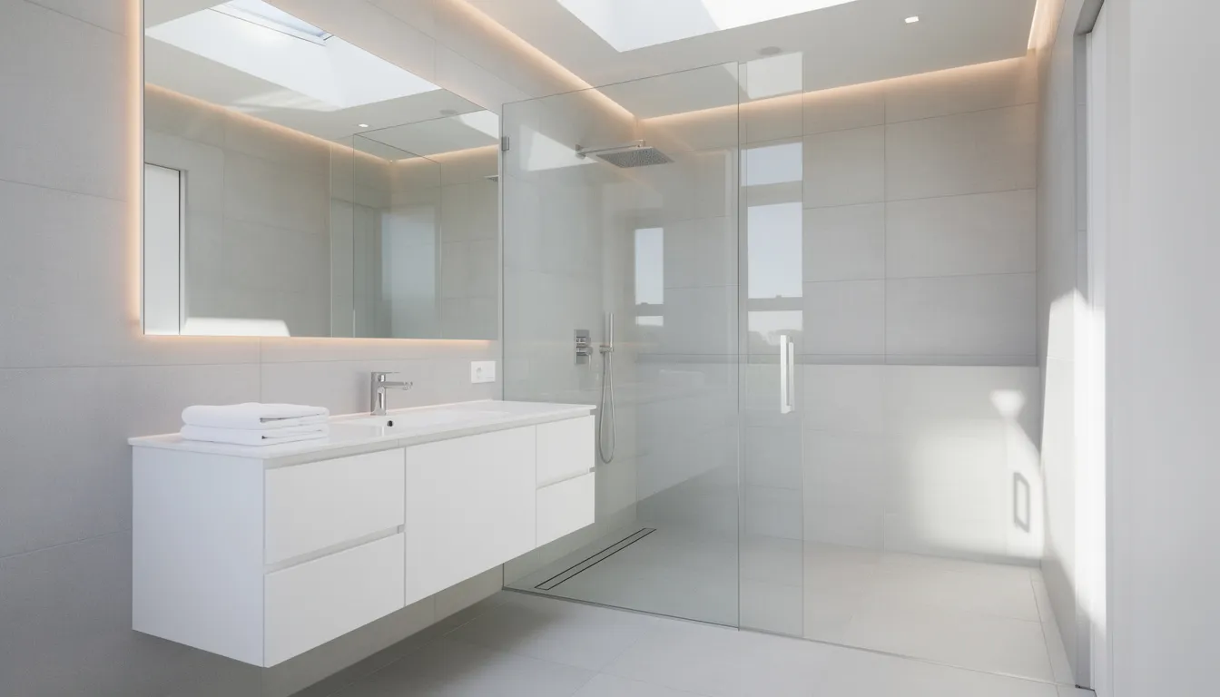 The image depicts a bright and modern bathroom interior featuring a wall-hung vanity and a frameless glass shower screen, illuminated by natural light streaming in from a skylight. This stylish design exemplifies quality craftsmanship often seen in bathroom renovations in Wellington, showcasing a functional and inviting bathroom space.