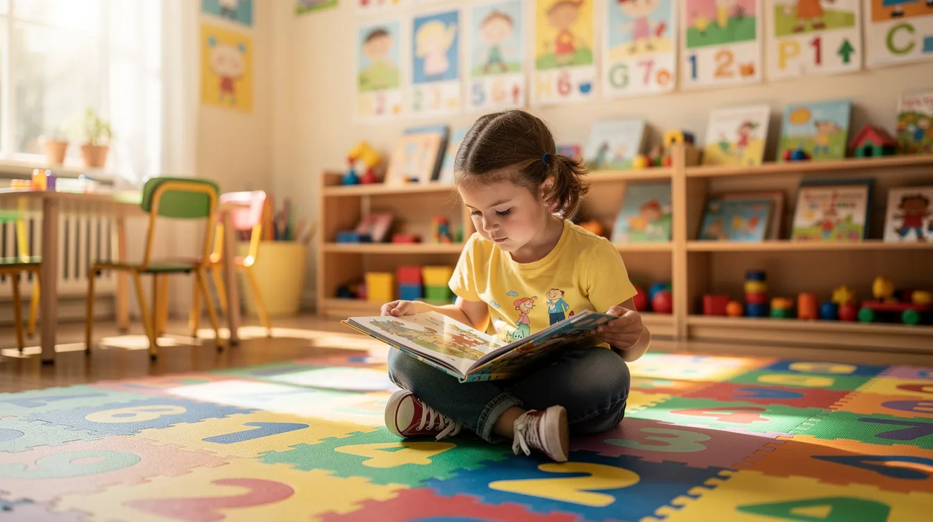 A young child sits cross-legged on a colorful mat, deeply focused on a picture book in a bright preschool classroom, showcasing the importance of early learning and cognitive development in a supportive school environment. This scene highlights the child's engagement in the learning process, promoting school readiness and social skills.