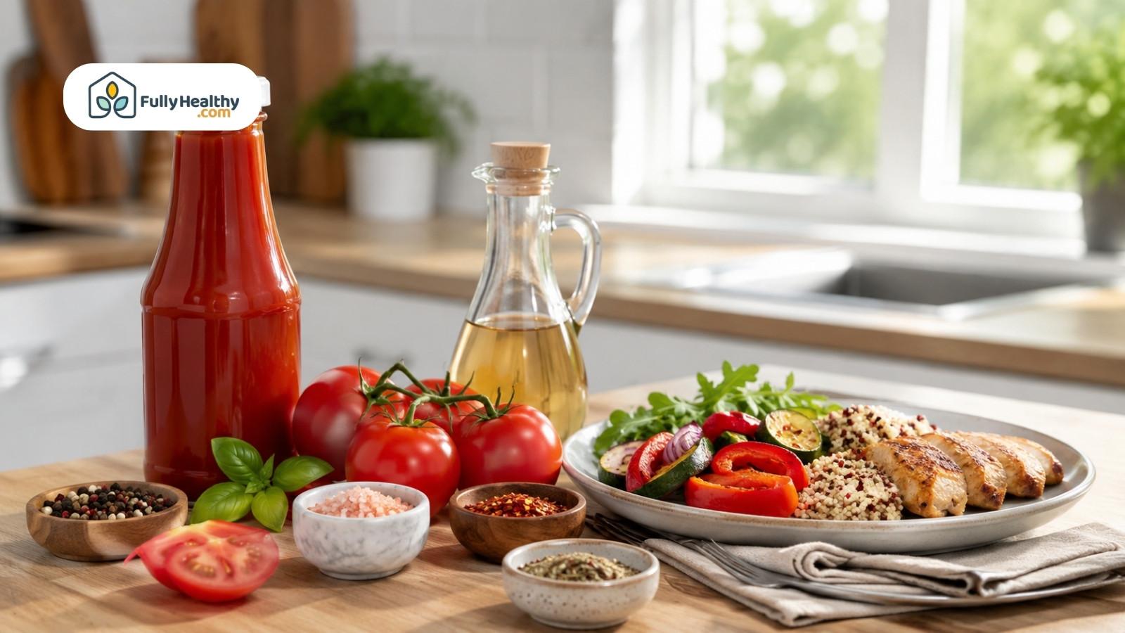 Ketchup bottle beside tomatoes vinegar spices and gluten-free chicken meal