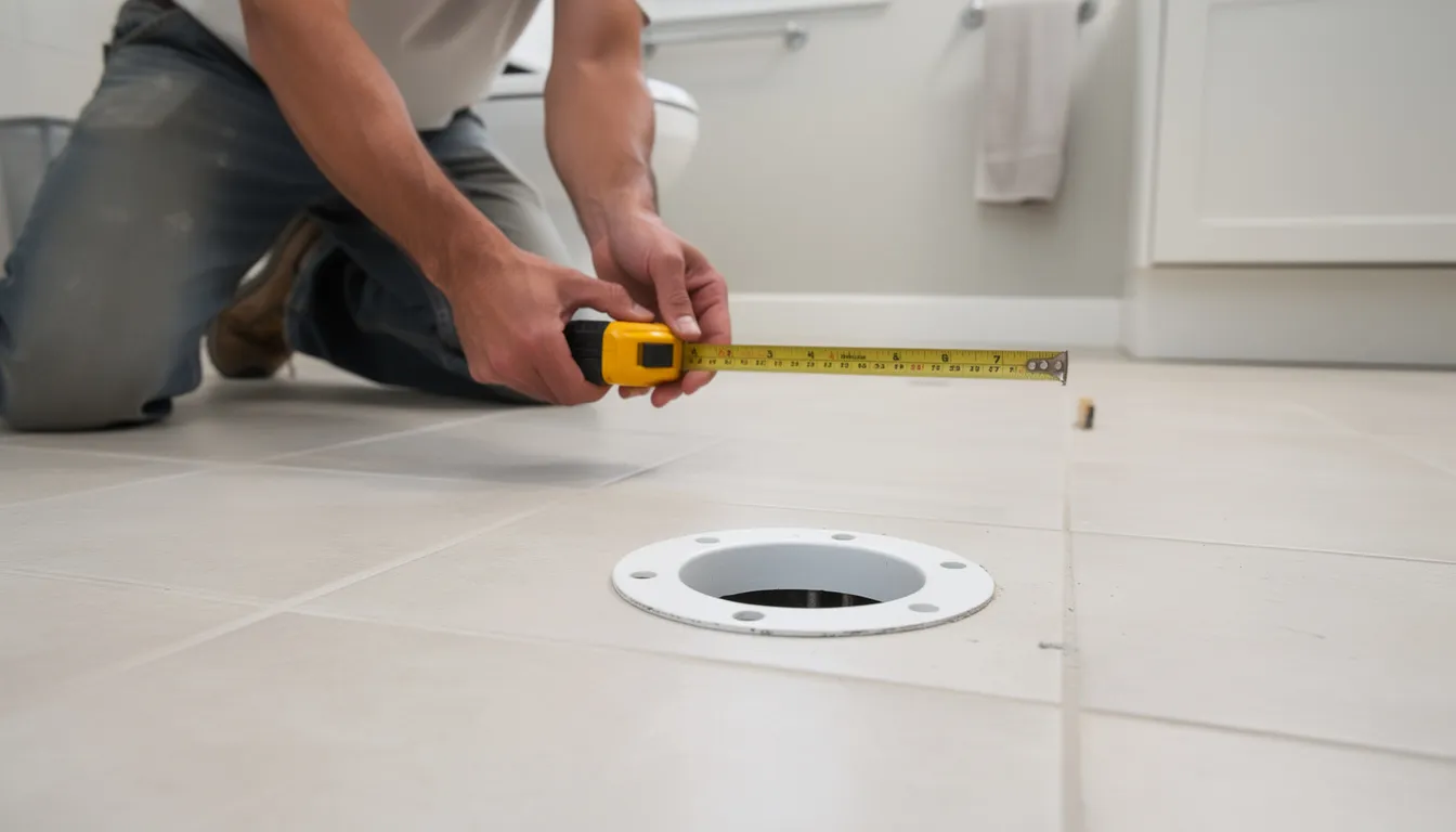 A person is using a tape measure to check the distance from a bathroom wall to the toilet flange on a tile floor, preparing for the installation of a new toilet. This step is crucial for ensuring the correct positioning of the toilet base and securing it properly to avoid leaks.