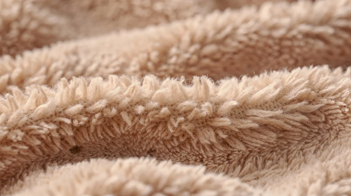 Närbild på ett mjukt, fluffigt teddytyg i ljus beige ton, som ger en mysig och inbjudande känsla. Detta material passar perfekt för moderna fåtöljer och skapar en komfortabel atmosfär i ditt hem.