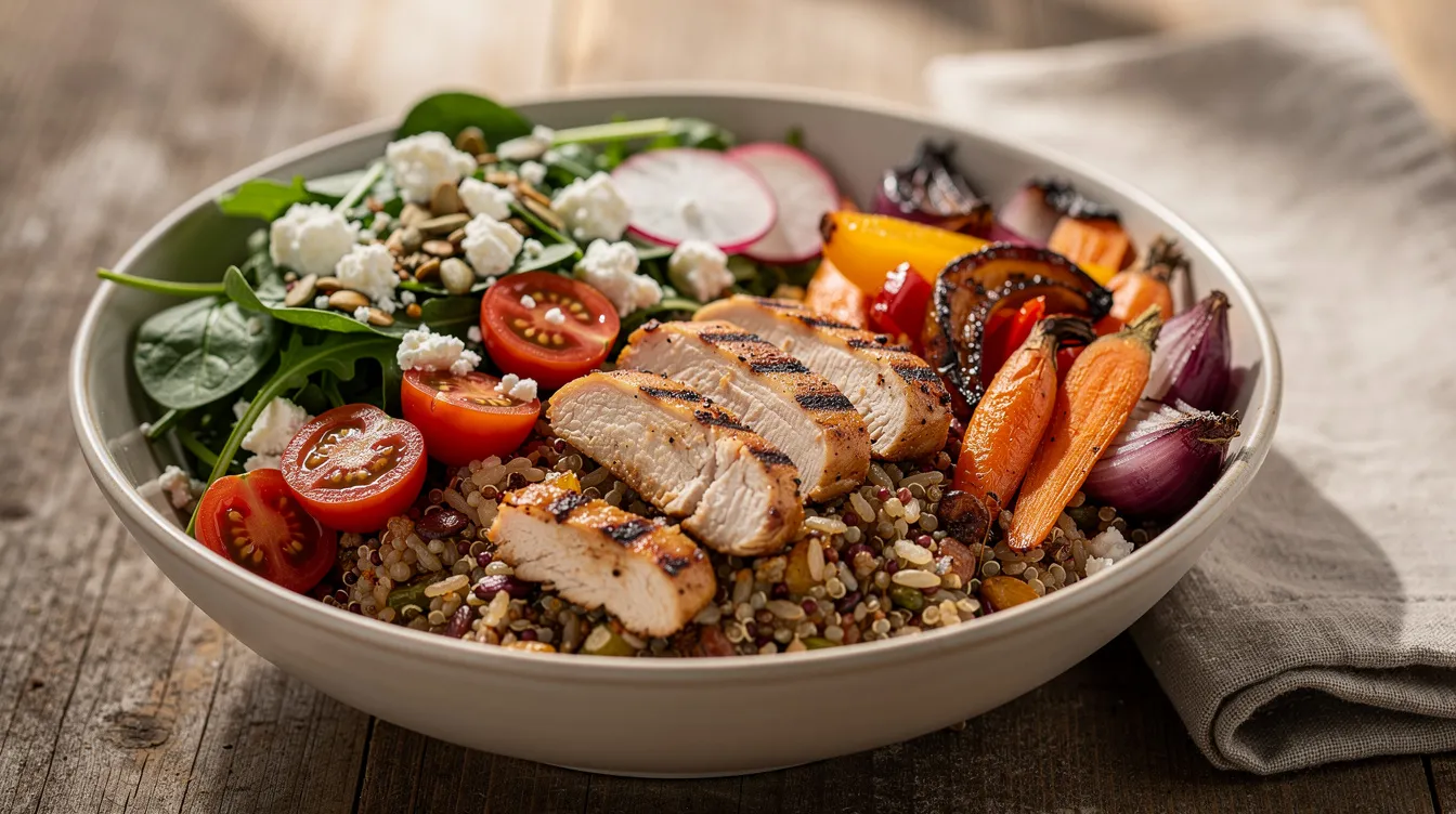 A vibrant grain bowl filled with grilled chicken breast, roasted vegetables, crumbled feta cheese, and fresh leafy greens sits on a wooden table, offering a satisfying and healthy high protein lunch option. This colorful meal is not only packed with flavor but also provides lean protein and healthy fats for a filling and nutritious dining experience.