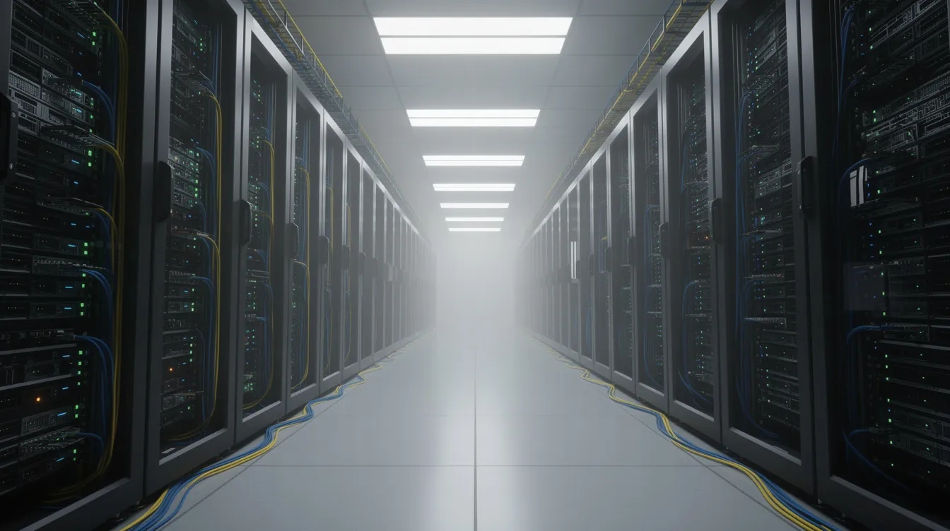 The image depicts rows of server racks within a modern data center, illuminated by blinking network lights, highlighting the sophisticated technology used by high frequency trading firms and latency arbitrage traders to execute trades efficiently in the financial markets. This environment is crucial for minimizing latency and detecting price discrepancies across multiple markets.