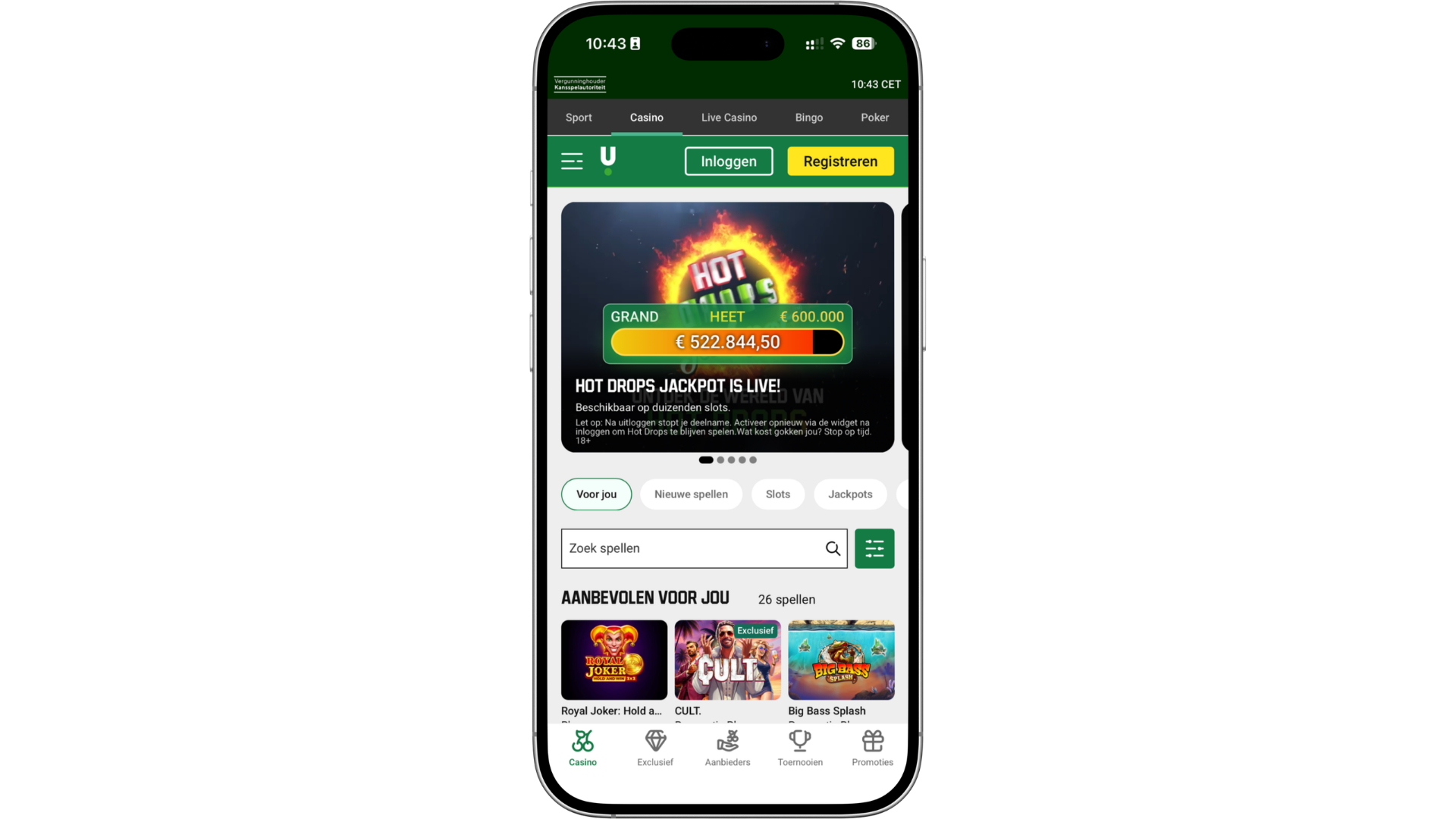 Interface van de Unibet casino app op smartphone, een voorbeeld van een legale casino app in Nederland met online casino spellen, jackpots en live casino, beschikbaar als mobiele casino app voor iOS en Android via app store of google play store.