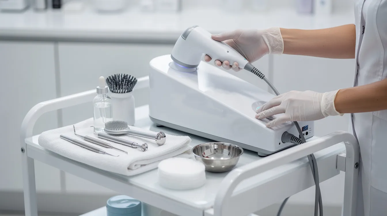 A close-up view of a professional aesthetic laser device is shown, positioned next to an array of clean skincare tools, highlighting preparations for laser skin resurfacing and other non surgical facelift treatments. This setup suggests a focus on achieving a more youthful appearance through minimally invasive techniques.
