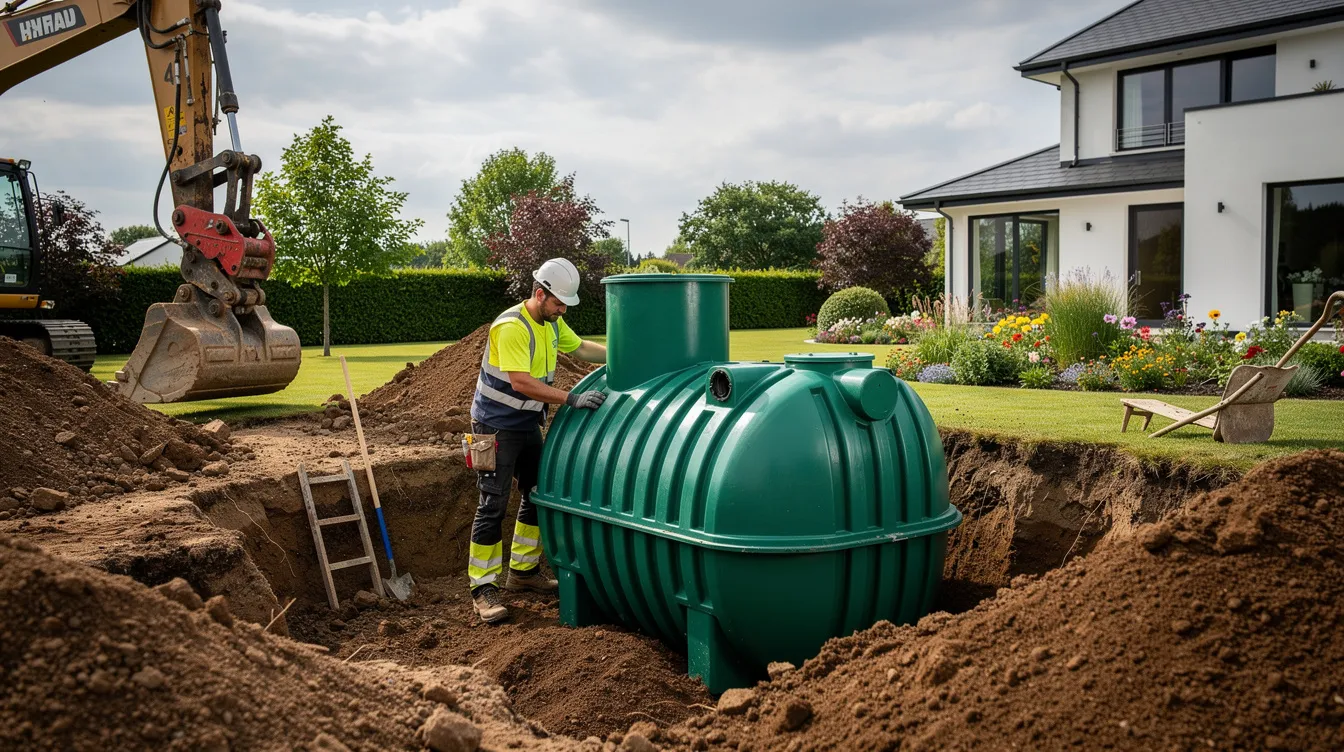Un terrassier est en train d'installer une cuve d'assainissement non collectif dans un jardin, préparant le terrain pour une micro station d'épuration. Cette installation vise à assurer le traitement des eaux usées de manière conforme aux normes en vigueur.