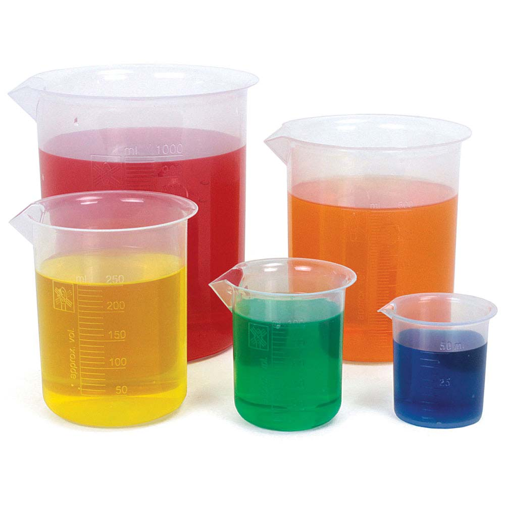 A set of plastic beakers commonly used in chemistry experiments." The keyword beakers in chemistry is included in the alt text.