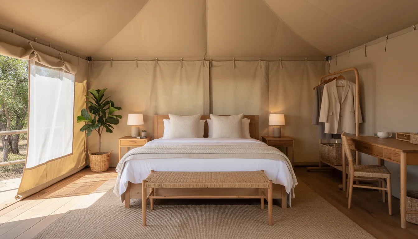 The image showcases the interior of a luxury eco tent, featuring a spacious king bed adorned with crisp white linens, complemented by natural timber furniture and soft canvas walls. This stylish accommodation immerses guests in a comfortable and warm environment, perfect for a glamping experience surrounded by nature.