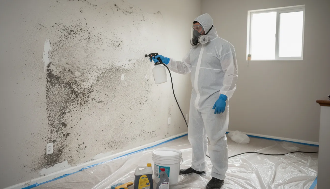 A professional wearing protective gear and a respirator is actively treating visible mold on an interior wall, using specialized equipment for effective mold removal. This mold remediation process is crucial for preventing future mold growth and addressing health risks associated with mold exposure.