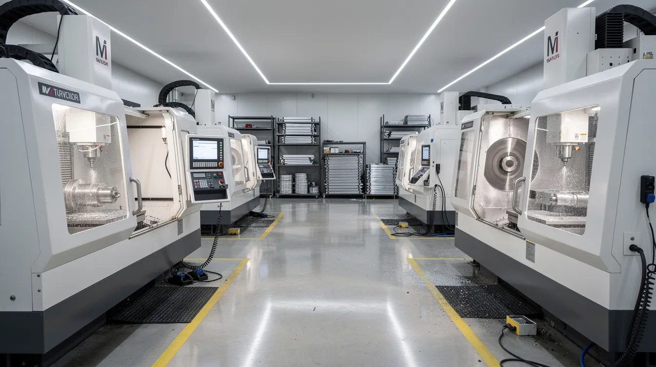 8afd3754 491c 4638 ac86 bf07d6f67d96 The image depicts a clean factory environment where industrial CNC machines are actively operating, showcasing advanced technology in manufacturing. This setting emphasizes the efficiency and precision of modern machinery, which is essential for small and medium enterprises seeking financial support through collateral-free loans to enhance their production capabilities.