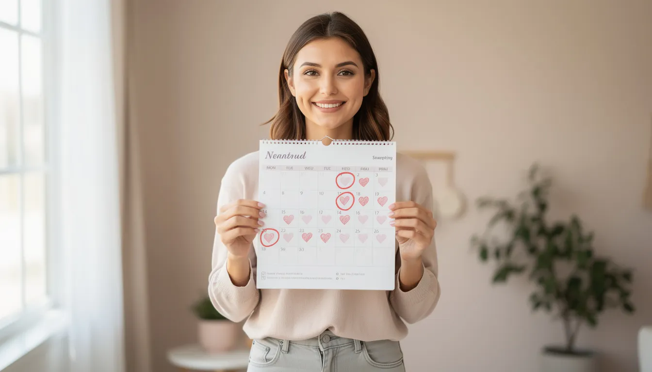 Une femme souriante tient un calendrier, symbolisant le suivi de son cycle menstruel, essentiel pour les femmes atteintes du syndrome des ovaires polykystiques (SOPK) qui souhaitent gérer leur fertilité et optimiser leurs chances de grossesse. Ce moment illustre l'importance de la prise en charge et de la régulation des cycles pour une meilleure santé reproductive.