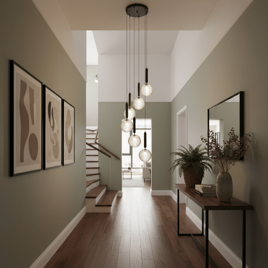 Hallway pendant lighting ideas using a vertical cluster of globe pendants to balance a tall entry corridor.