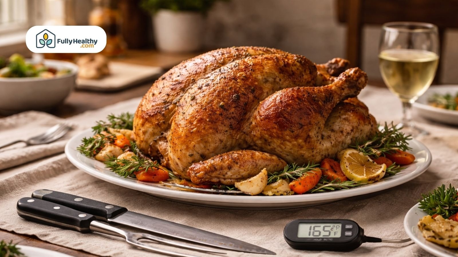 Cooked turkey resting on table ready for carving with thermometer displayed