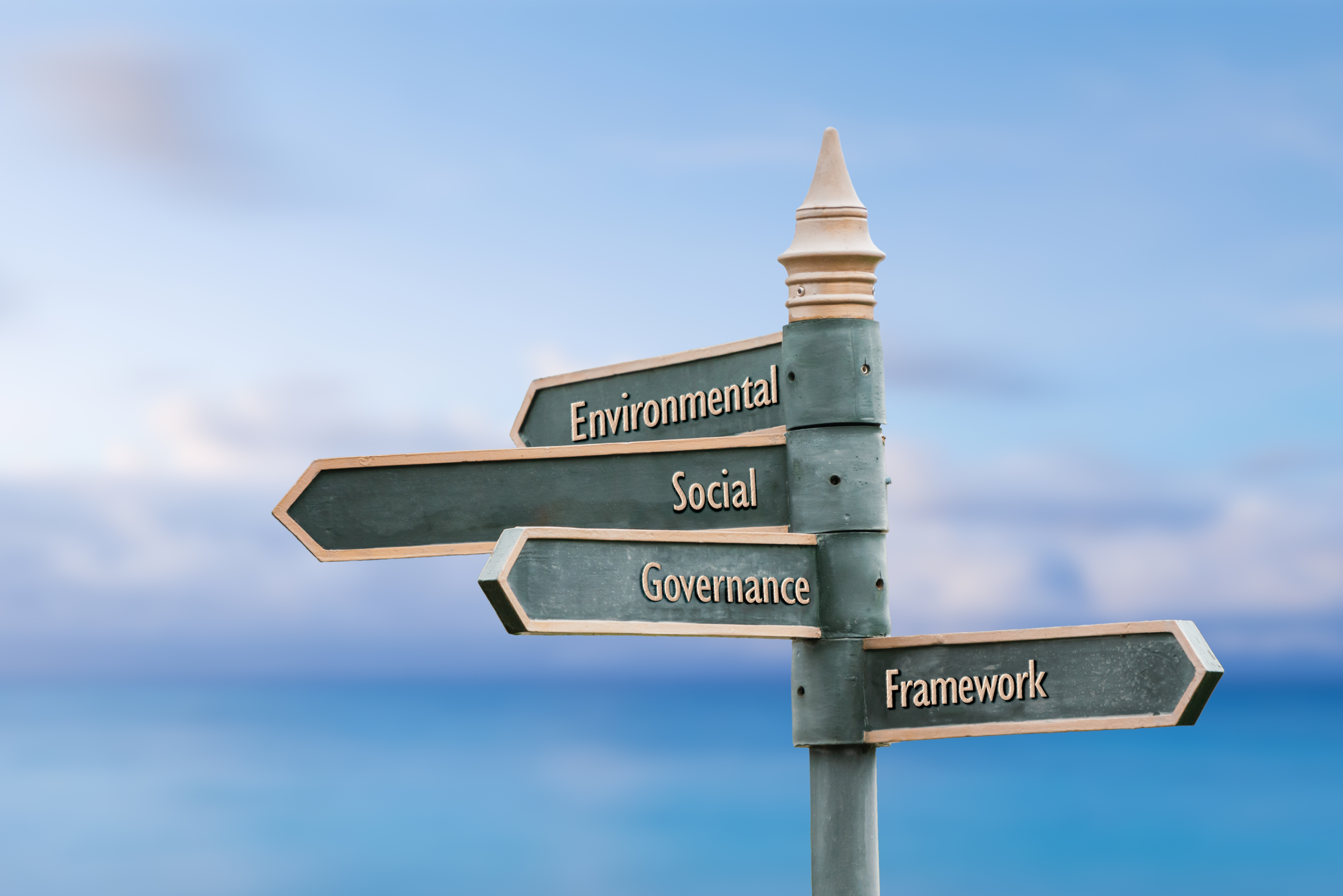 Arrows that point in four different directions: Environmental, Social, Governance and Framework