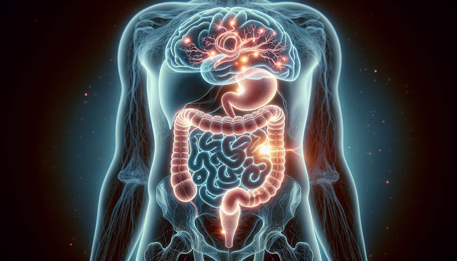 Illustration of a gastrointestinal system with root causes of nausea highlighted