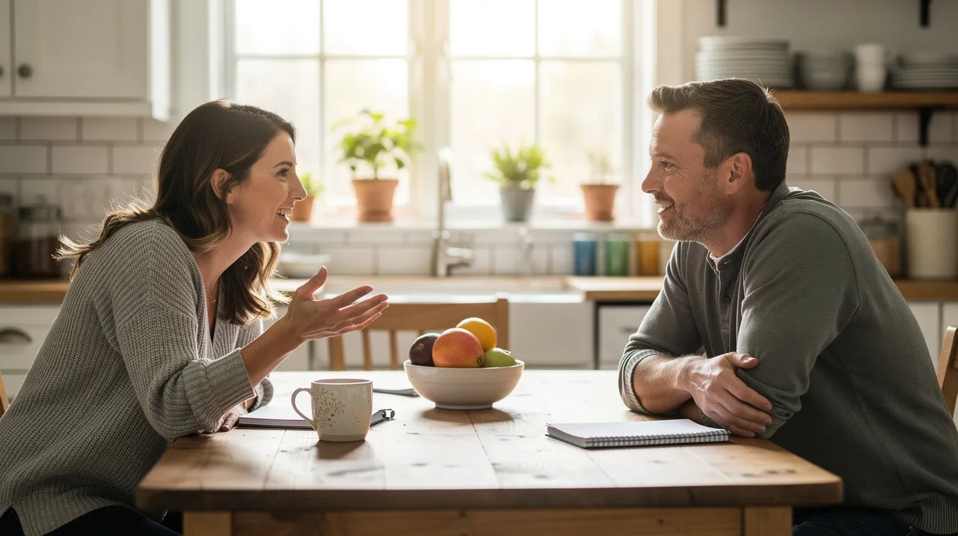 A couple sits at a kitchen table, engaged in a meaningful conversation that showcases their healthy relationship and effective communication skills. They maintain eye contact and use positive body language, creating a space for clear communication and emotional connection as they discuss their feelings and experiences.