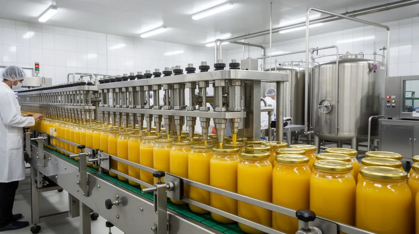The image depicts an automatic ghee filling and packaging line within a dairy plant, featuring conveyor belts and capping machines designed for the efficient production of clarified ghee. The setup showcases advanced dairy processing equipment, ensuring a controlled environment for the ghee manufacturing process, which includes the removal of moisture and the packaging of pure ghee for extended shelf life.