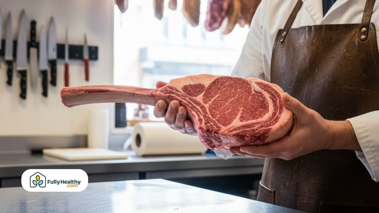 Butcher holding raw tomahawk steak with long bone.