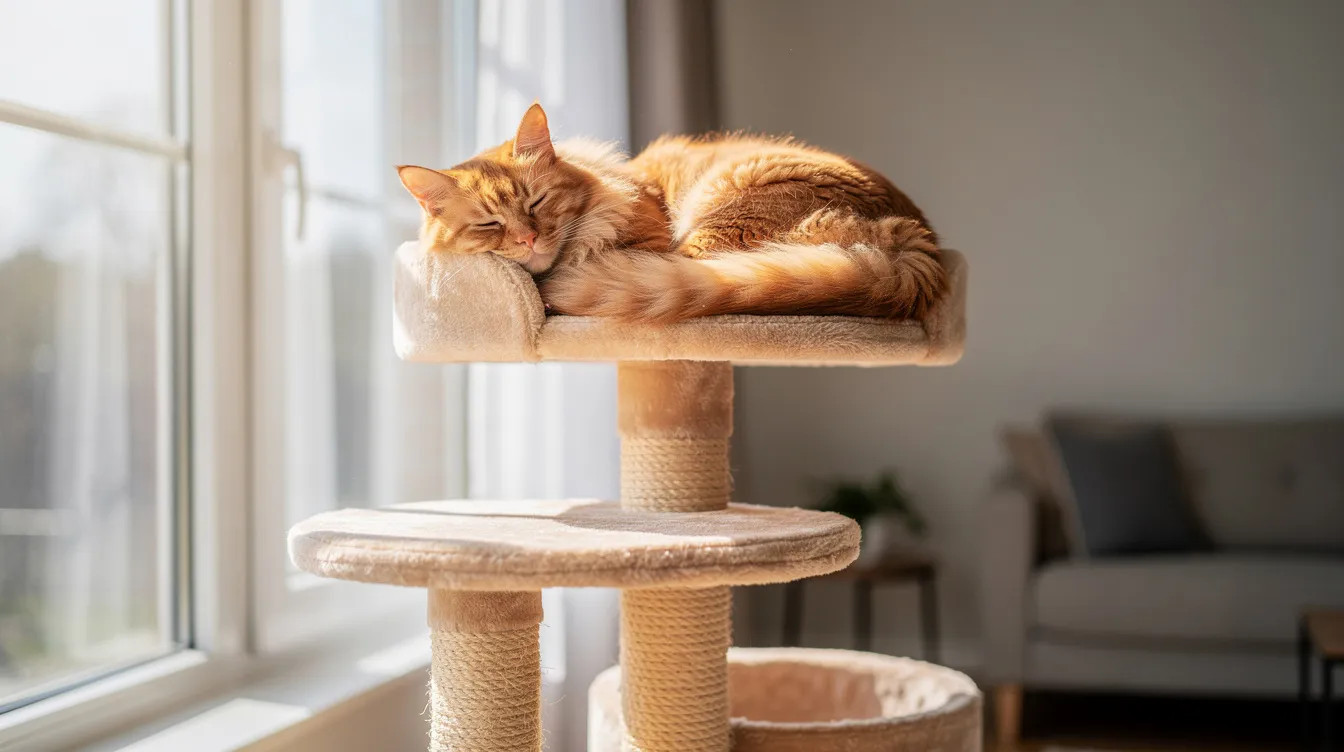 A fluffy orange cat lounges comfortably on the top perch of a tall multi-level cat tree, enjoying the sunlight streaming in from a nearby bright window. This stylish cat tree provides a perfect space for kitties to relax, climb, and explore their surroundings.