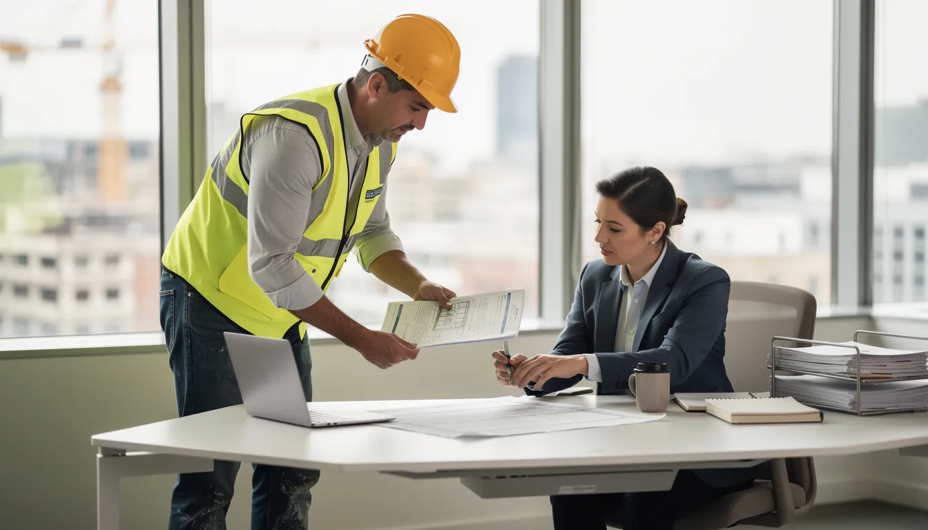 A construction worker is seated at a desk in an office, reviewing paperwork with a professional, likely discussing details related to a workers compensation claim for an injured worker. The scene reflects a focus on navigating benefits such as temporary disability benefits and permanent partial disability benefits within Colorado's workers compensation laws.