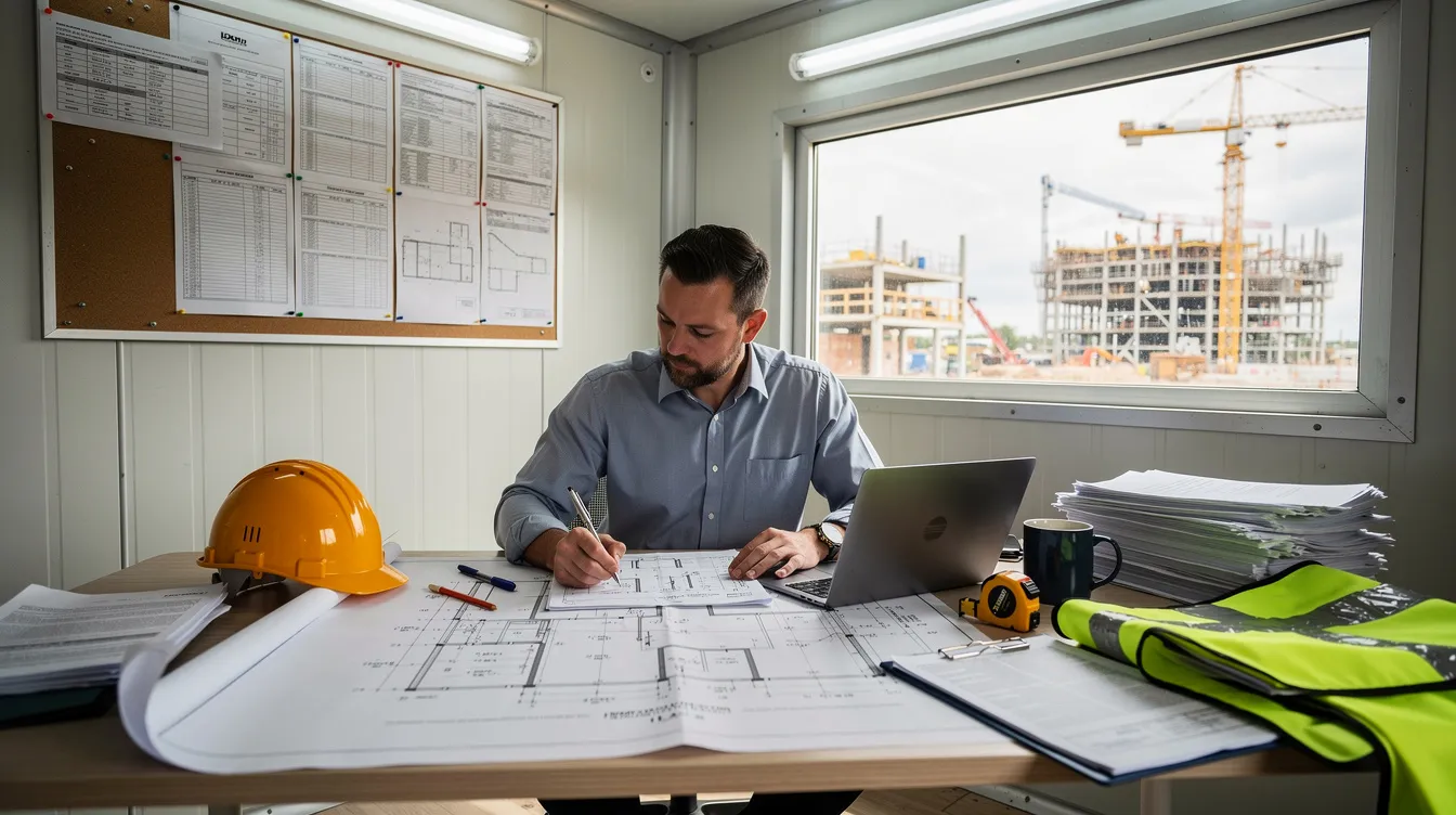 A project manager is sitting at a desk inside a construction trailer, reviewing blueprints and project documentation, which is crucial for tracking costs and project progress. The image highlights the importance of accurate accounting and financial performance in construction projects.