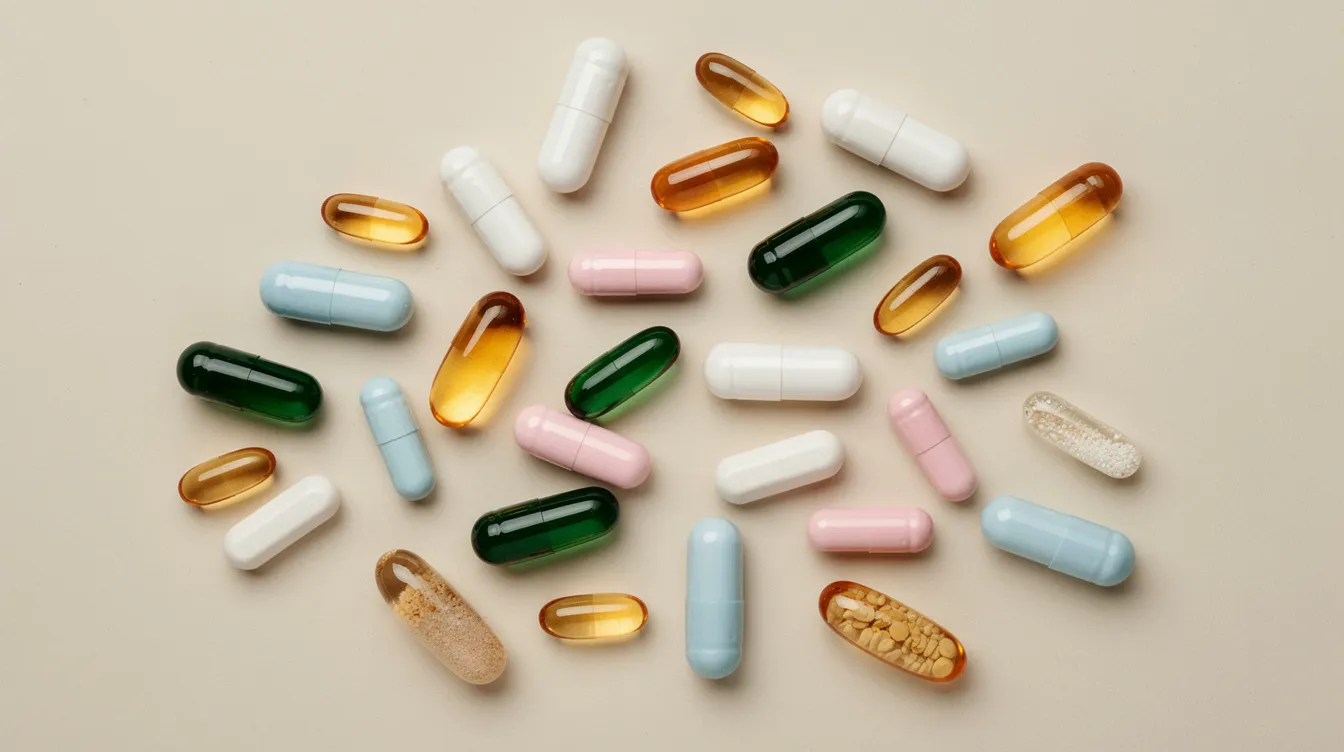 The image features an assortment of colorful supplement capsules arranged on a neutral background, representing dietary supplements that promote cellular energy production and support cellular health. These capsules may contain ingredients like nicotinamide riboside and nicotinamide adenine dinucleotide, which are known for their potential health benefits in energy metabolism and healthy aging.