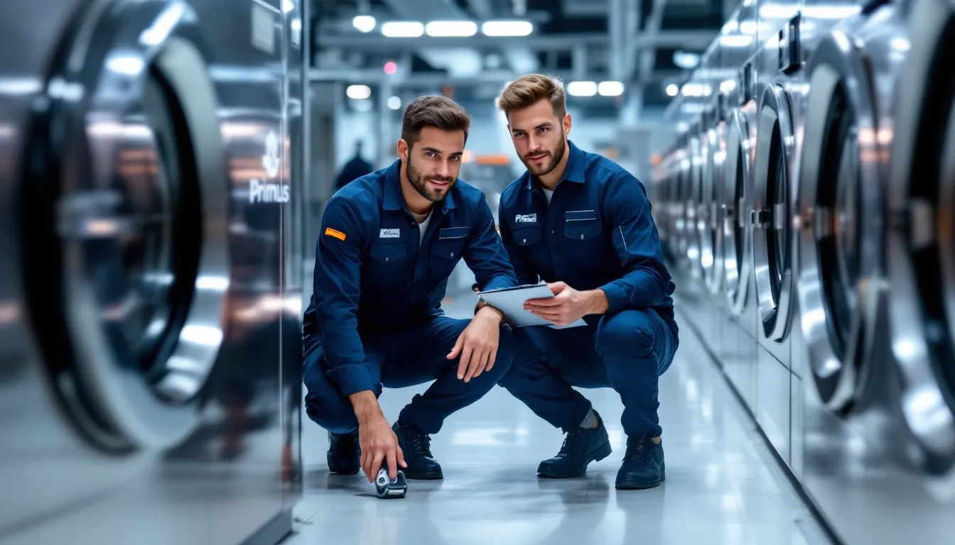 Expert technicians working on commercial Primus laundry equipment.