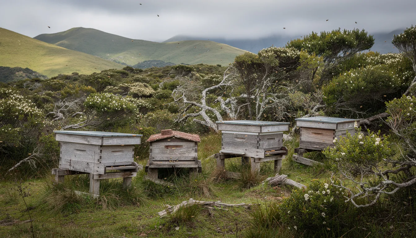 L'image montre des ruches traditionnelles situées dans un paysage sauvage et isolé de Nouvelle-Zélande, entourées de végétation de Manuka, une plante réputée pour ses bienfaits et ses propriétés médicinales. Ce cadre naturel met en valeur l'origine du miel de Manuka, un produit prisé pour ses qualités uniques et ses effets bénéfiques sur la santé.