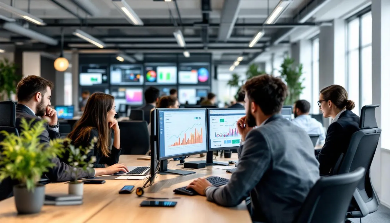 The image depicts a bustling office environment in London, where a team from a leading digital marketing agency collaborates on innovative strategies to outrank the competition. They utilize various channels, including Google and social platforms, to discover opportunities and drive growth for their clients' brands.