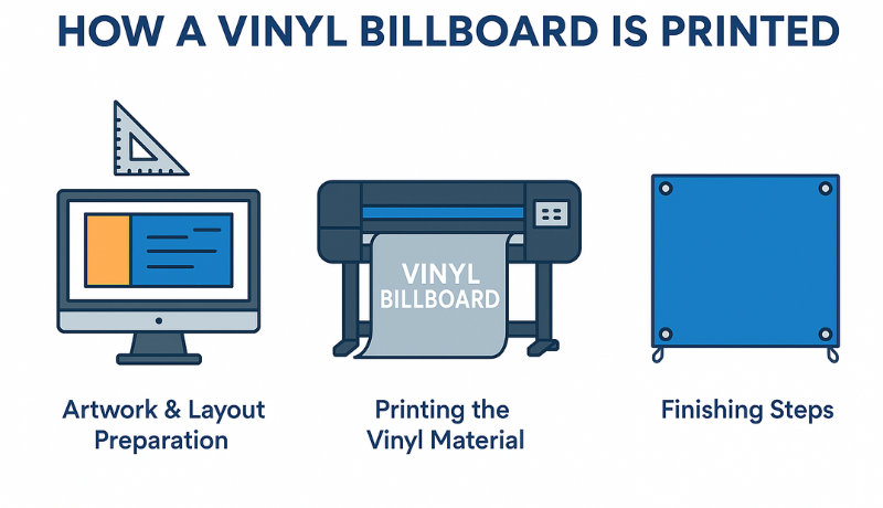 An illustration showing process of printing billboard that designed to withstand extreme weather