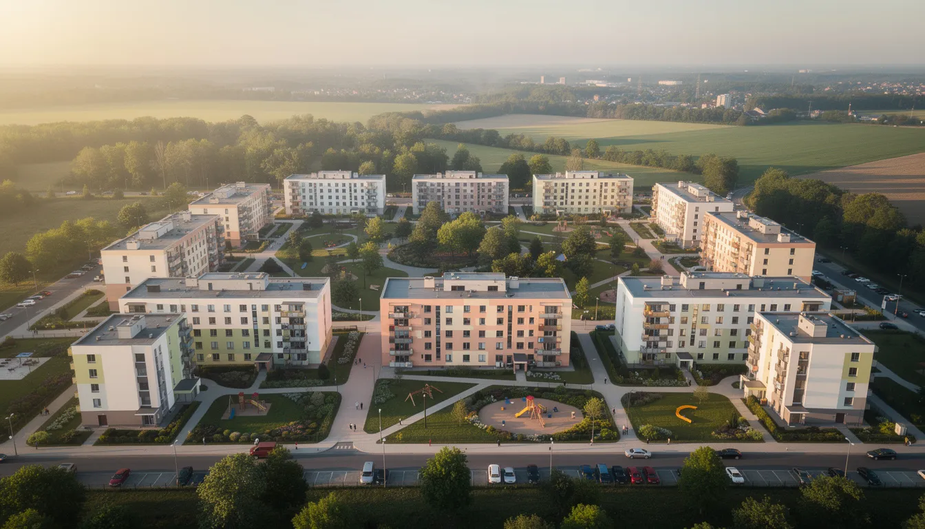 Widok z lotu ptaka na osiedle mieszkaniowe w Bemowie, otoczone terenami zielonymi, ukazuje nowoczesne budynki mieszkalne oraz przestrzenie rekreacyjne, które tworzą idealne miejsce do zamieszkania w Warszawie. Tereny te są atrakcyjne zarówno dla osób kupujących nieruchomości, jak i tych poszukujących wynajmu, co czyni je interesującym punktem na lokalnym rynku nieruchomości.