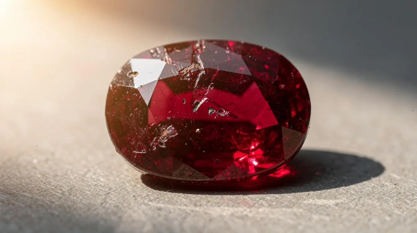 A close-up photograph showcases a polished deep red ruby gemstone, reflecting natural light and emphasizing its rich color. This exquisite ruby, known as the July birthstone, is a precious stone from the mineral corundum family, often associated with passion and beauty.