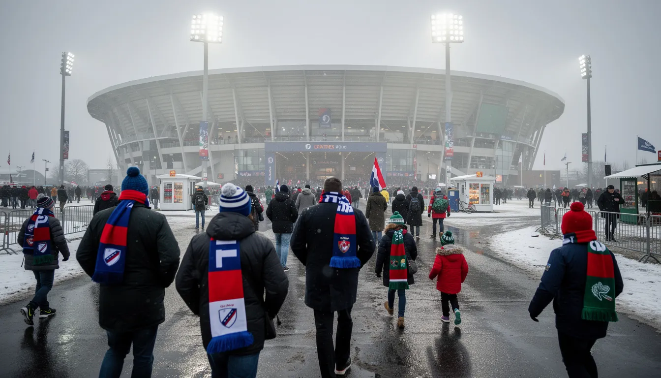 A group of enthusiastic rugby fans, bundled in colorful scarves and winter coats, stroll towards a large stadium on a chilly February afternoon, eagerly anticipating the upcoming match in the Six Nations Championship. The atmosphere is vibrant as they head towards the venue, ready to support their national teams in this historic tournament.