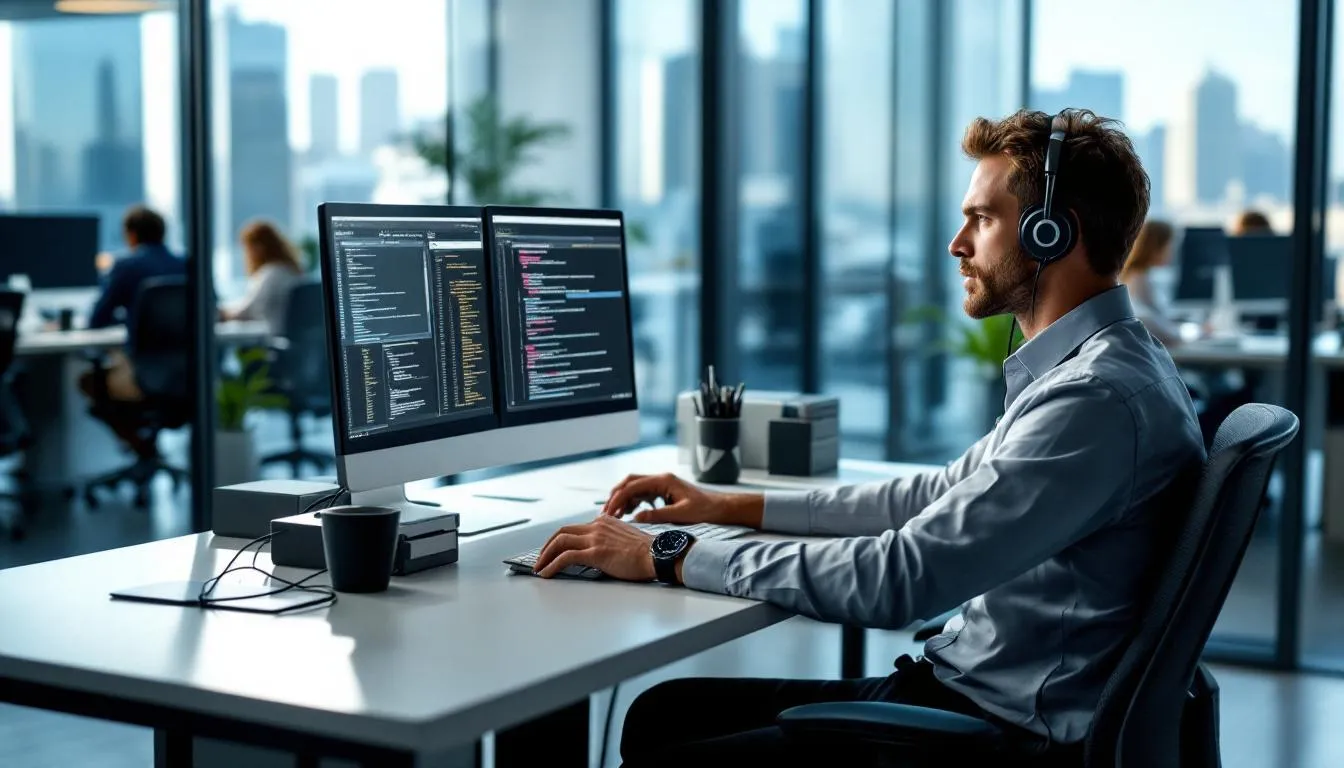 Ein IT-Support-Spezialist arbeitet konzentriert an mehreren Monitoren in einem modernen Büro, während er IT-Fragen und Probleme von Kunden bearbeitet. Um ihn herum sind verschiedene technische Geräte und Hardware, die Teil der IT-Infrastruktur des Unternehmens sind.