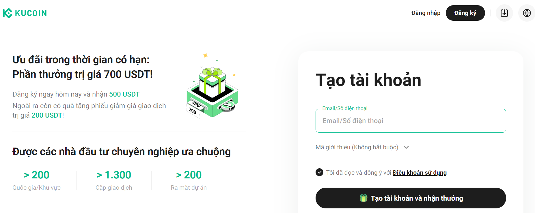 Chỉ cần cung cấp email bạn đã có thể bước đầu tạo được tài khoản trên Kucoin