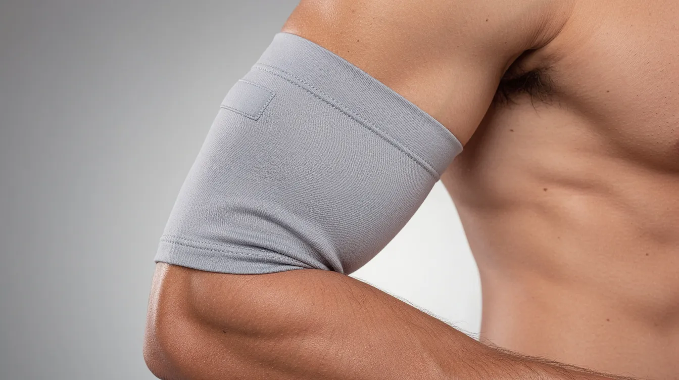 The image shows a medical compression sleeve fitted on a person's upper arm, designed to aid in the recovery process following an arm lift surgery. The sleeve helps reduce swelling and supports healing after the surgical procedure, providing a toned appearance while addressing concerns related to loose skin and excess fat.