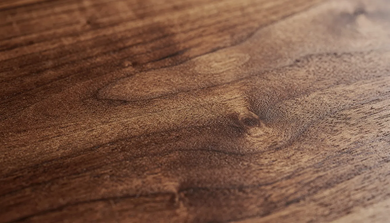 Close-up van een walnoot houtnerf met een rijke textuur en warme bruintinten, die de natuurlijke uitstraling van de wandpanelen benadrukt. Deze mooie panelen zijn perfect voor een stijlvolle sfeer in elke kamer, zoals de woonkamer.