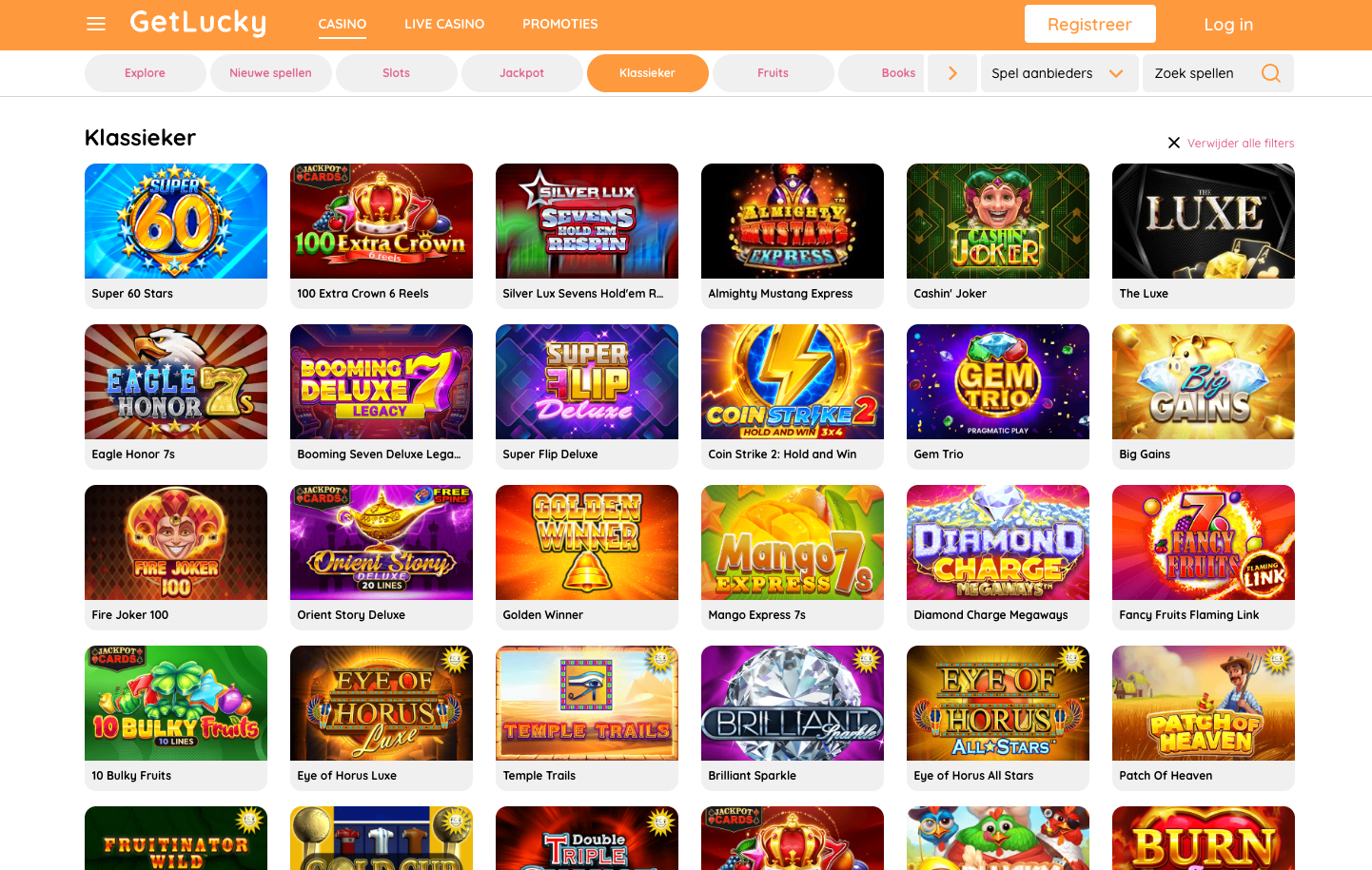 Overzicht van de klassieke slots op GetLucky Casino, met spellen zoals Super 60 Stars, Silver Lux Sevens, Cashin’ Joker, Coin Strike 2, Gem Trio en Eye of Horus, weergegeven in de categorie “Klassieker”.