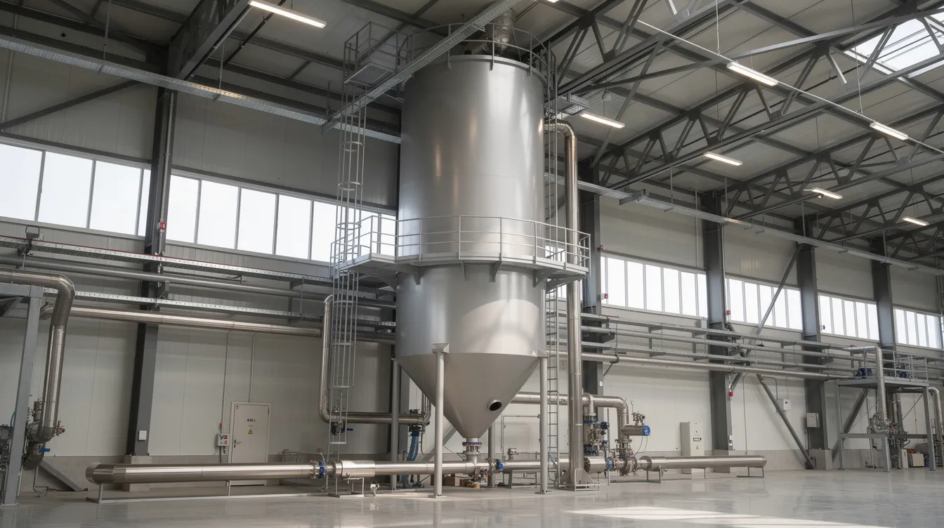8b17bde2 7d3b 40d6 b25e 05098e5daead The image depicts a tall cylindrical spray drying tower with a conical bottom section, situated inside a large industrial building, used for the milk powder manufacturing process. This structure is integral to the drying process of liquid milk, transforming it into fine powdered milk through the spray drying technology.