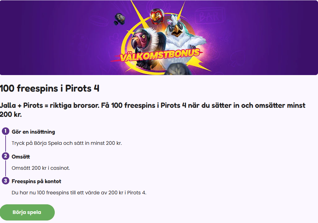 Jalla Casino bonus – 100 free spins i Pirots 4