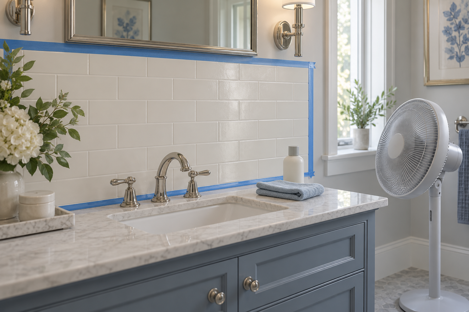 Failed painted tile coating compared with a new large-format porcelain replacement