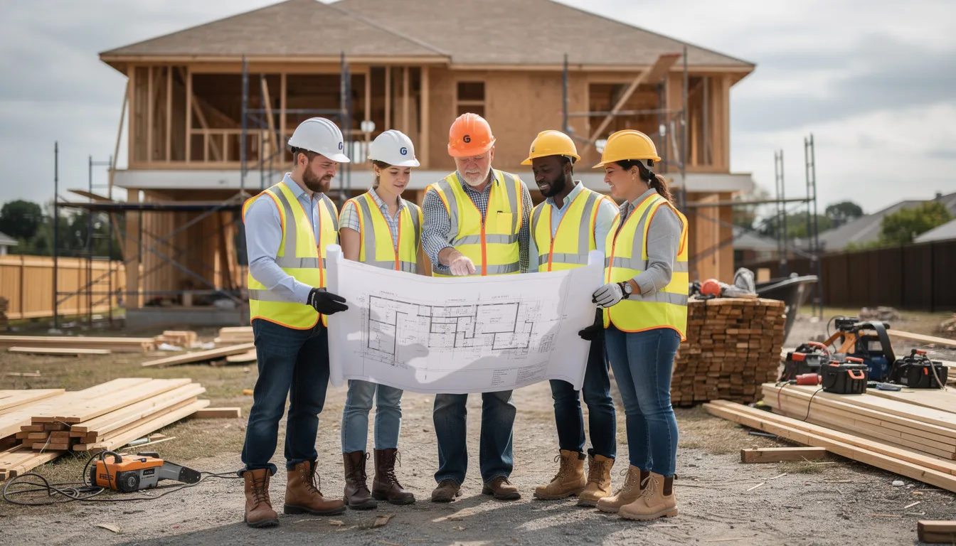 A group of construction workers is gathered at a residential building site, reviewing plans together to ensure clear communication and effective collaboration. Their focus on project management fosters a positive working environment, helping to track project progress and avoid potential delays.