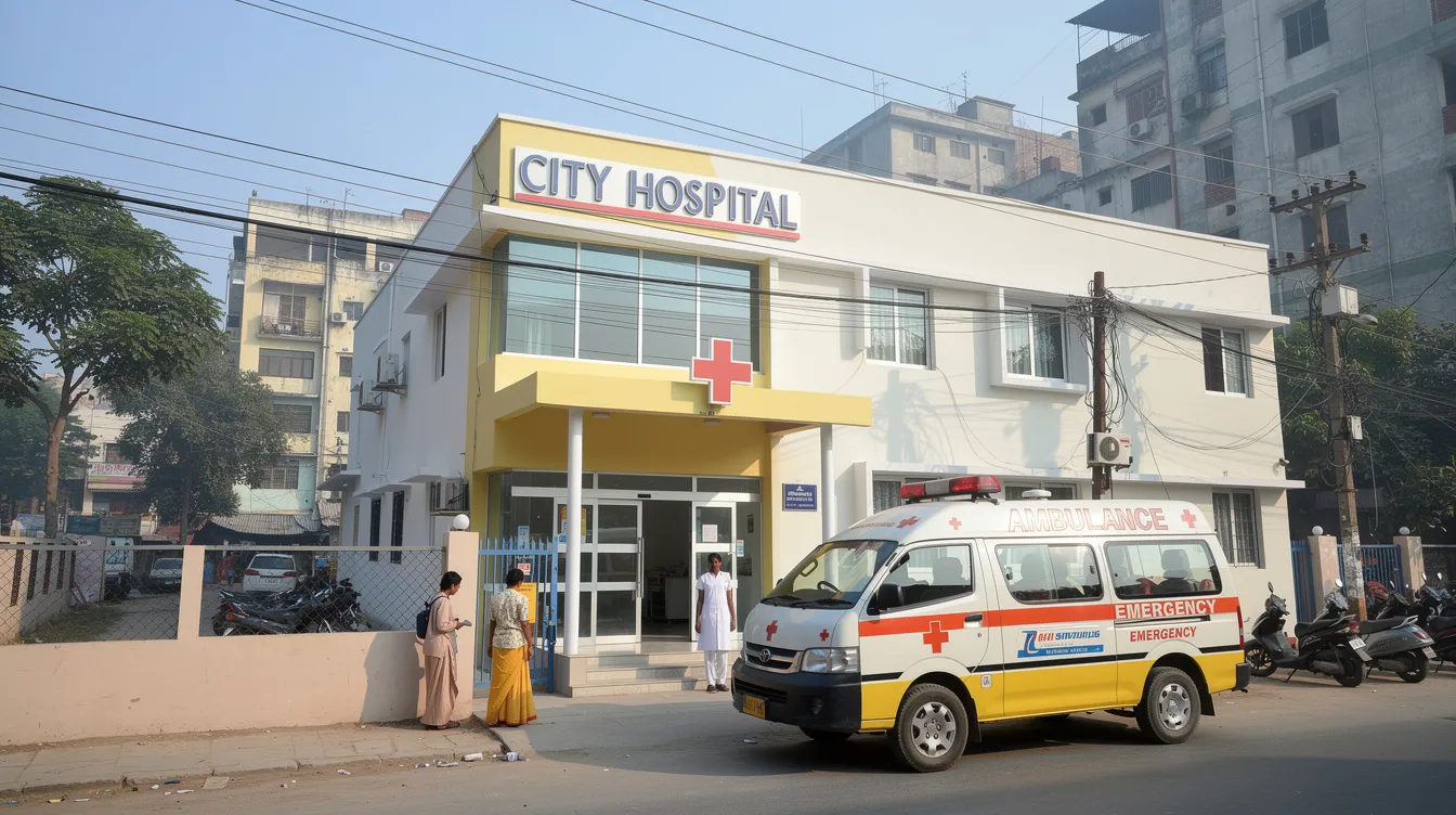 8b1eede4 7c4b 4d70 82bd 5716bb483cb7 The image depicts a newly constructed small hospital building situated in an Indian city, with a bright red ambulance parked outside. This facility represents a significant investment in the community's healthcare infrastructure, highlighting the importance of effective working capital management to ensure operational efficiency and immediate liquidity for future medical needs.