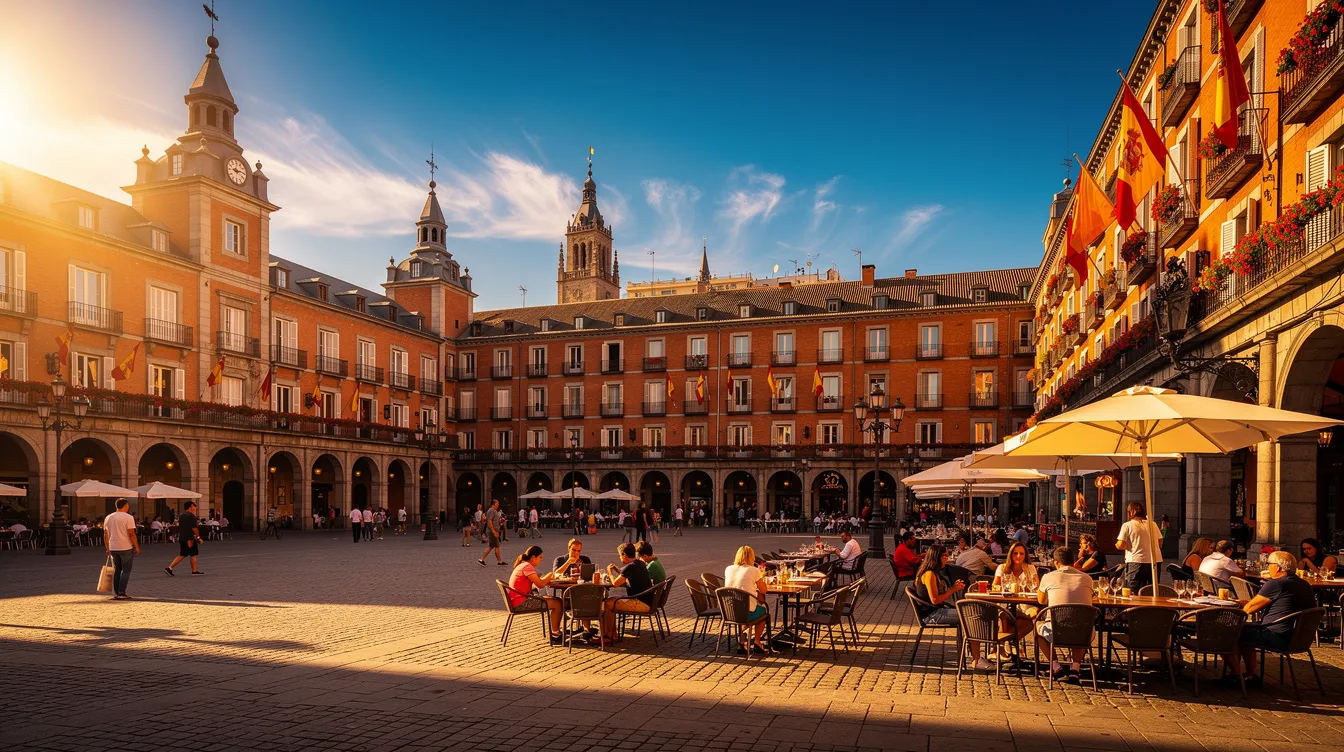 Uma bela vista de Madrid, na Espanha, durante o verão, com seus edifícios históricos e praças movimentadas sob um céu azul. A cidade exibe um clima ameno que convida a passeios pelas ruas e a desfrutar da gastronomia local.