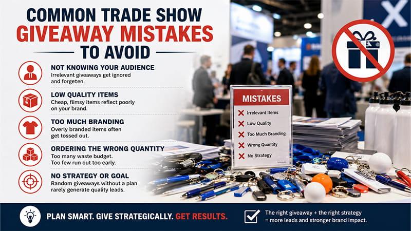 Common trade show giveaway mistakes to avoid, including low-quality items, wrong quantity, and no strategy.