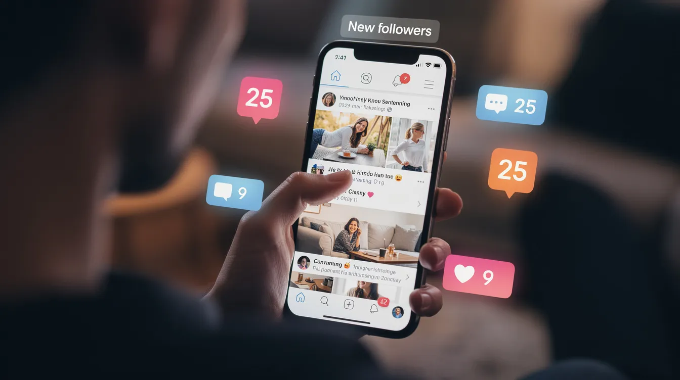 A person is intently scrolling through their social media feed on a smartphone, with engagement notifications visible on the screen, highlighting the importance of social media management in digital marketing strategies for businesses. This scene emphasizes the role of social media platforms in enhancing customer engagement and reaching target audiences effectively.