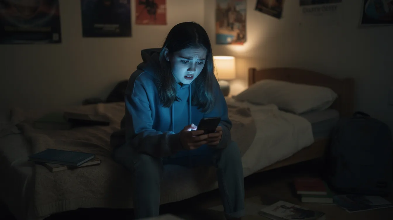 A teenage girl sits alone in a dimly lit bedroom, looking at her phone screen with a worried expression, reflecting the anxiety that can come from negative peer pressure and the desire for social validation among young people. Her body language suggests she is feeling the weight of decision-making and the fear of judgment from her peers, highlighting the emotional struggles faced during adolescence.