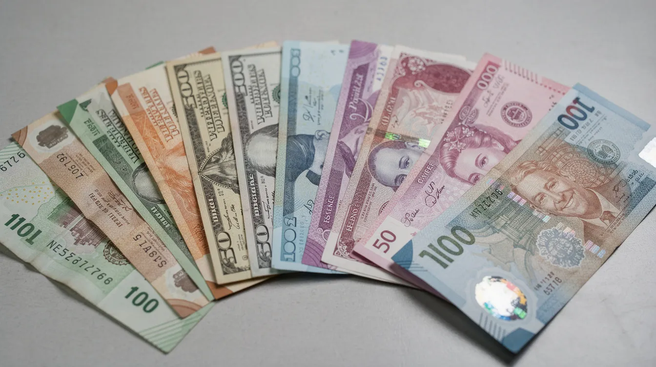 The image showcases a variety of international currency banknotes, including Indian rupees, US dollars, British pounds, and euros, neatly arranged on a surface. This visual representation highlights the diversity of global currencies, which are essential for international wire transfers and financial transactions.