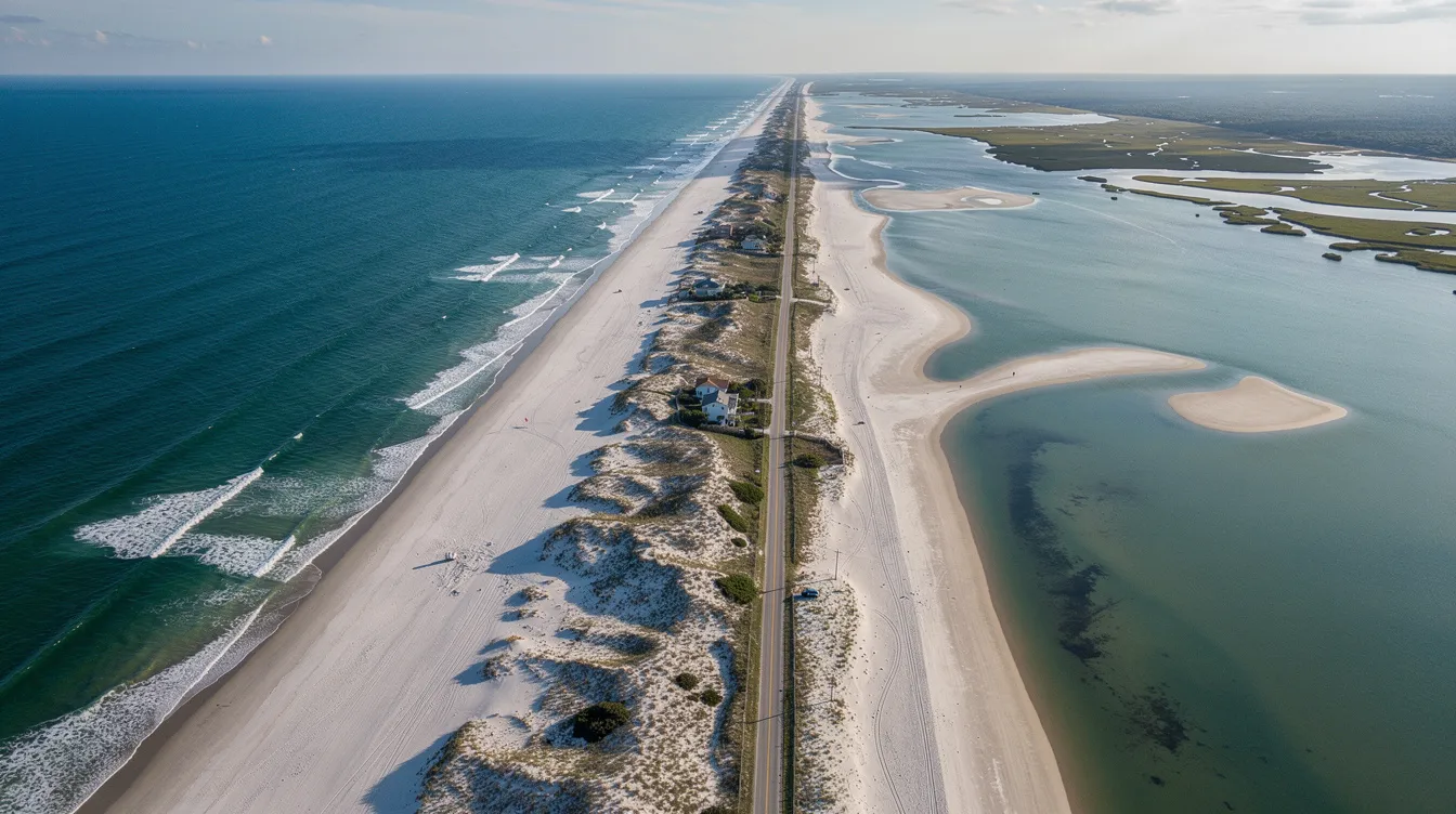 An aerial view of a coastal barrier island showcases the stunning contrast between the vibrant blue ocean and the calm bay waters, making it an ideal location for family vacations. This picturesque setting is perfect for those looking to explore Ship Bottom vacation rentals, offering amenities such as pools and pet-friendly options for a relaxing getaway.