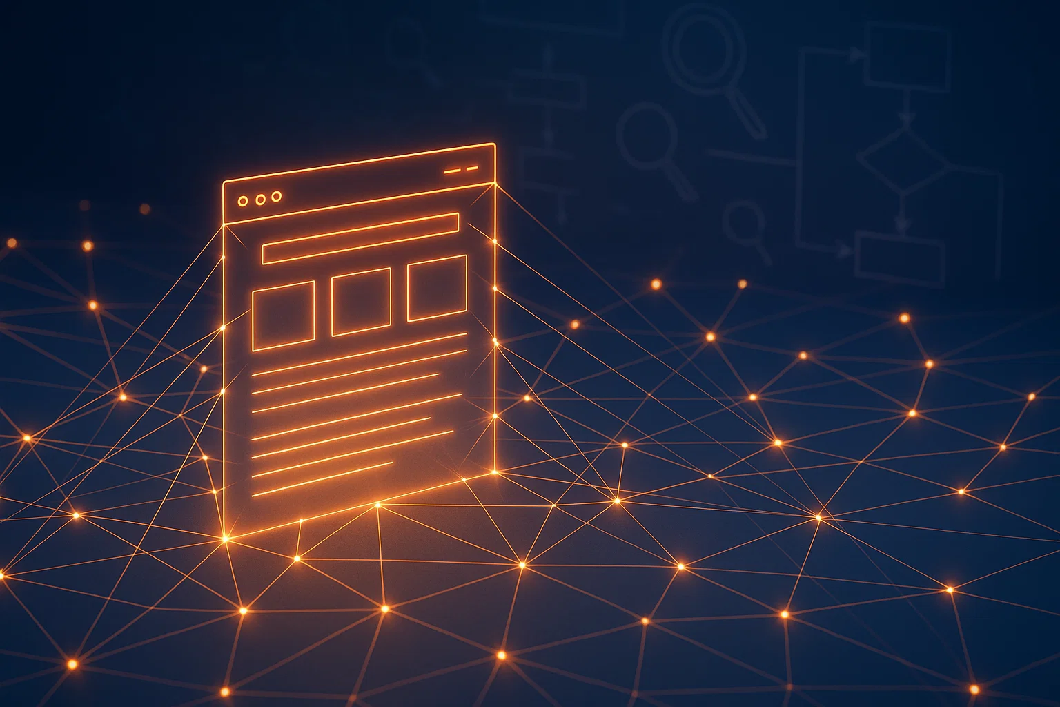 Visual concept of a website structure connected by digital links symbolising the relationship between technical SEO and link building.